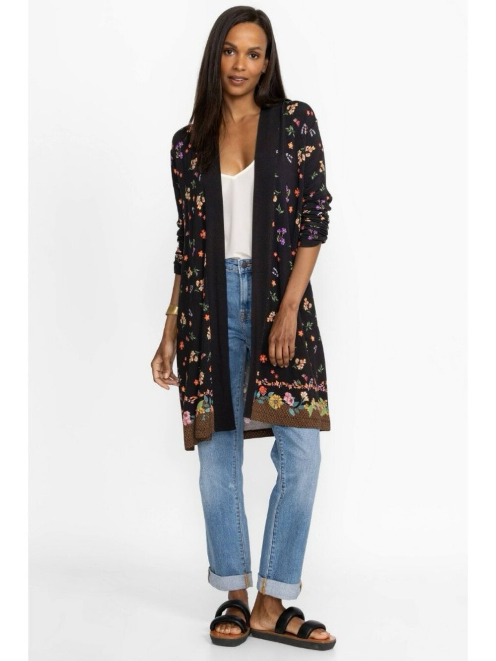 $280 Johnny Was Nani Black Floral print Duster Open Front Cardigan Sweater